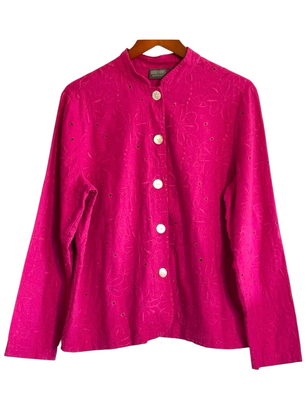 Chico’s Linen Blend Pink Eyelet Embroidered Button Front Jacket Top Size Large